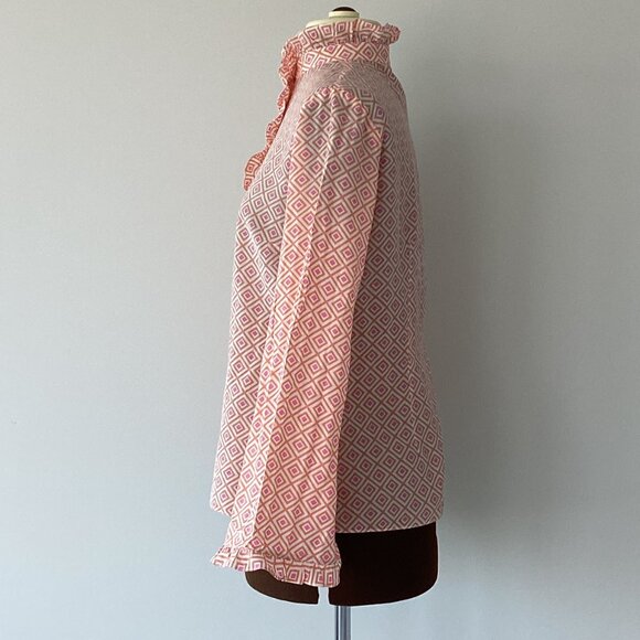 Jules Reid Orange and Pink Geometric Design High Neck 1/2 Button Front Top - Picture 2 of 7